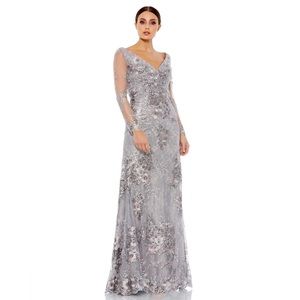 Mac Duggal 67539 Embellished V Neck Illusion Long Sleeve Gown Platinum Sz 6
